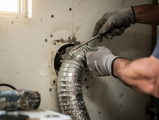Tamarac Dryer Vent Cleaning technician performing precise dryer vent hose installation in Tamarac